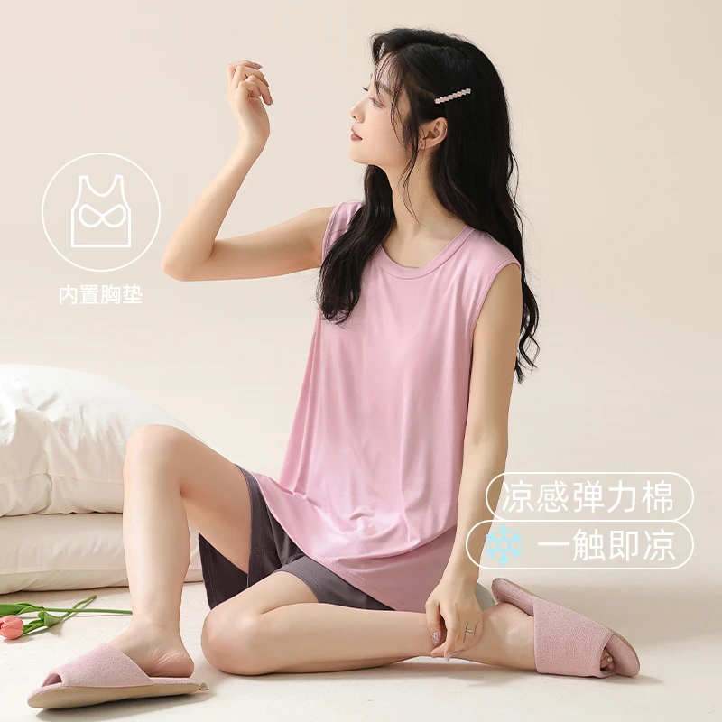 2024年爆款夏季大码显瘦简约凉感休闲家居服女带胸垫宽松透气套装