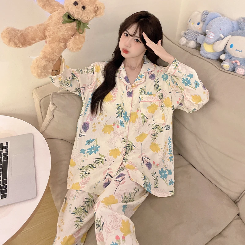 2024春秋新款两件套睡衣女款带胸垫长袖宽松可外穿休闲套装家居服