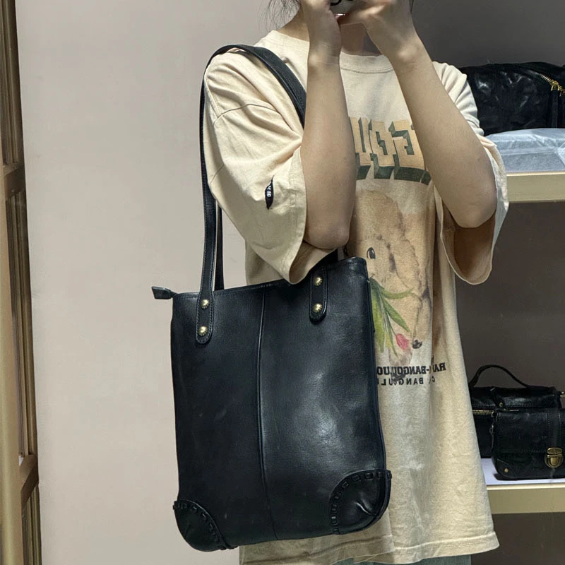 植鞣头层牛皮时尚质感女包包气质简约托特包单肩包复古休闲洗水包