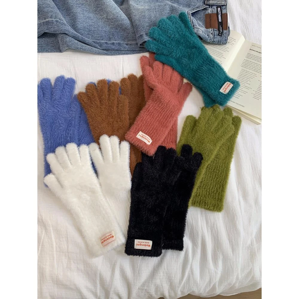 2023新款毛绒手套女冬季韩版分指露指触屏玩手机长款骑行防寒手套