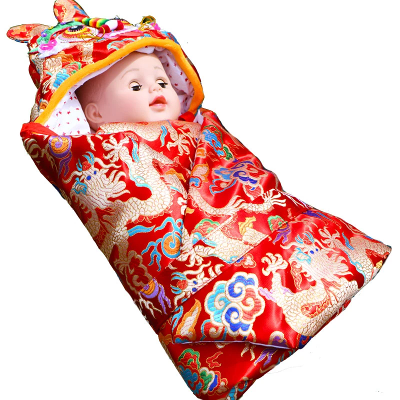 中国风婴儿虎头抱被宝宝加厚棉花包毯儿童生日抓周被子满月礼手工