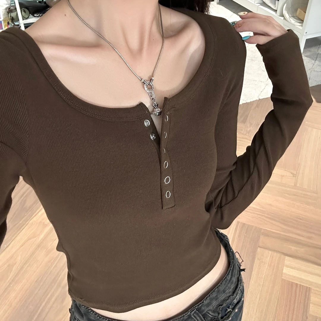 【部分现】螺纹长袖T恤女秋季新款打底衫修身显瘦正肩短款7483
