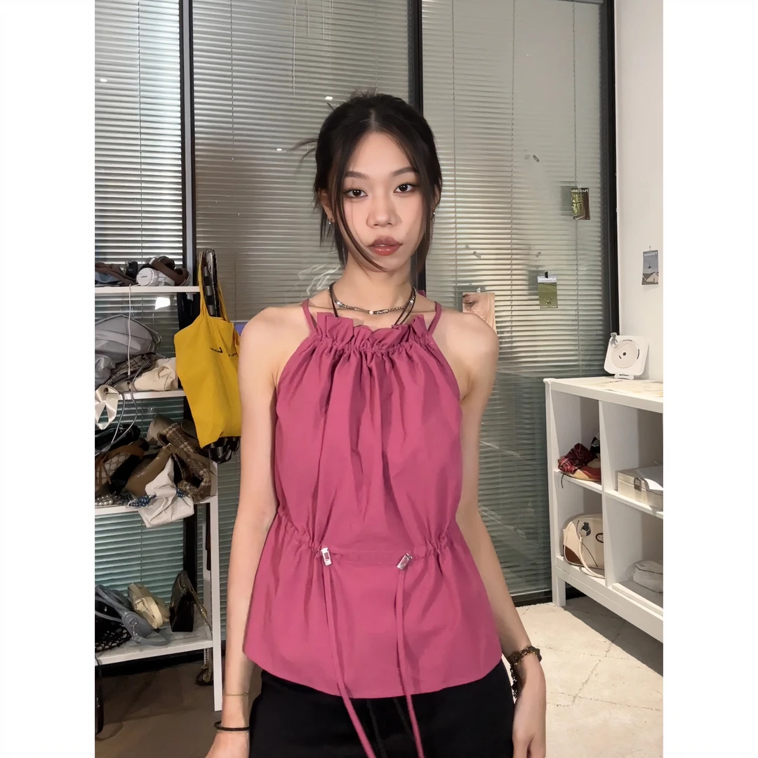 【现货48h飞】时尚辣妹抽绳挂脖吊带背心夏季修身显瘦百搭背心104