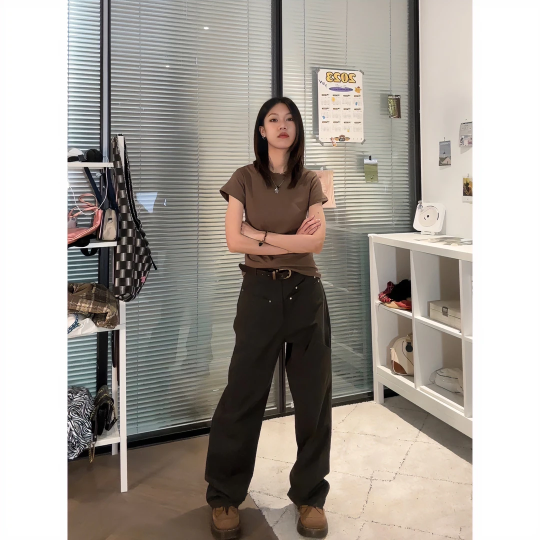 【Q】Q7092工装裤女高腰辣妹通勤显瘦复古直筒长裤