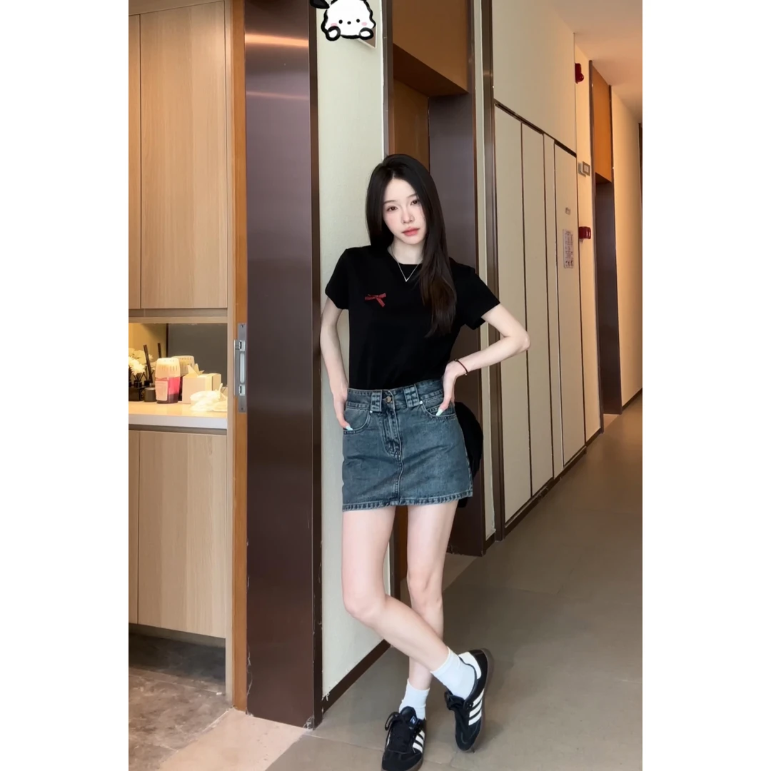 HHYB Hello蝴蝶结装饰T恤女2024年新款纯色百搭韩版简约上衣8917