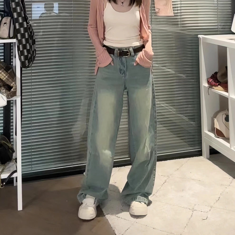 HHYB Hello【售完不补】美式做旧百搭黄绿色复古辣妹高腰牛仔裤Q784