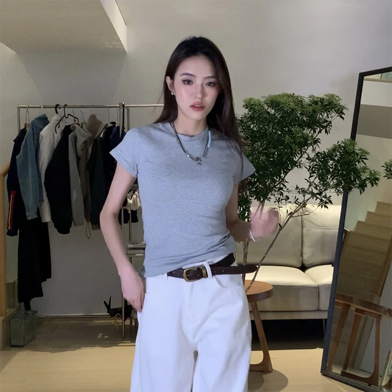 HHYB Hello正肩百搭纯棉上衣短款显瘦修身圆领休闲小飞袖T恤 8528