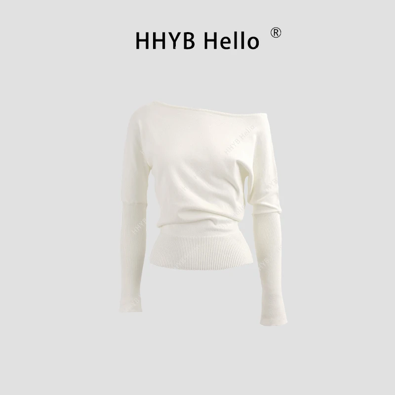 HHYB Hello2024新款设计感气质小众修身显瘦一字肩长袖针织衫M942