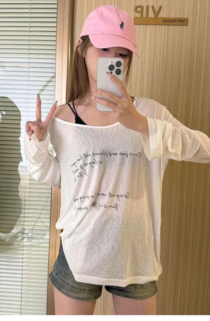 【YD】宽松套头T恤早春设计感字母印花百搭防晒长袖7806