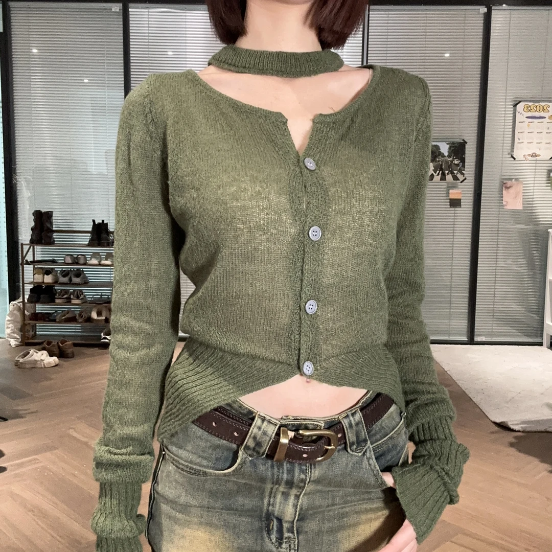 HHYB Hello2024新款春夏百搭修身显瘦挂脖V领长袖短款针织衫QM265