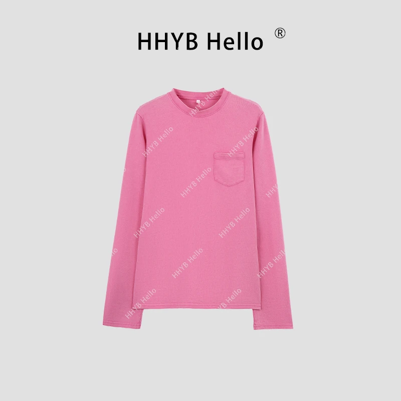 HHYB Hello【YD】复古炒盐做旧纯棉圆领长袖宽松休闲百搭T恤240499