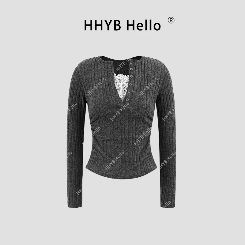 HHYB Hello坑条磨毛蕾丝拼接纽扣长袖女秋冬新款百搭上衣240550