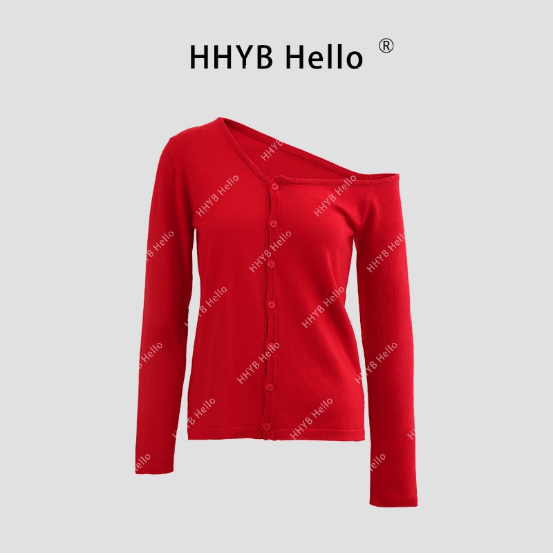 HHYB Hello纯欲斜肩不规则领针织长袖开衫时尚显瘦T恤上衣女M905