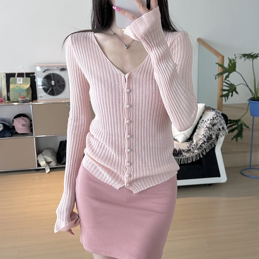 HHYB Hello  微透长袖针织开衫女2024新款韩系百搭修身上衣M367