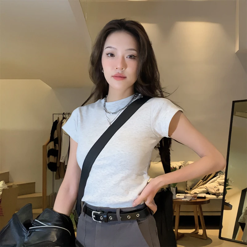 HHYB Hello纯色美式百搭正肩T恤短袖内搭ins修身显瘦上衣8100