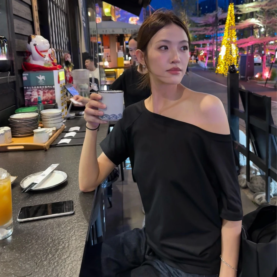 HHYB Hello宽松休闲轻薄舒适一字肩斜肩堆叠两穿短袖T恤H10039