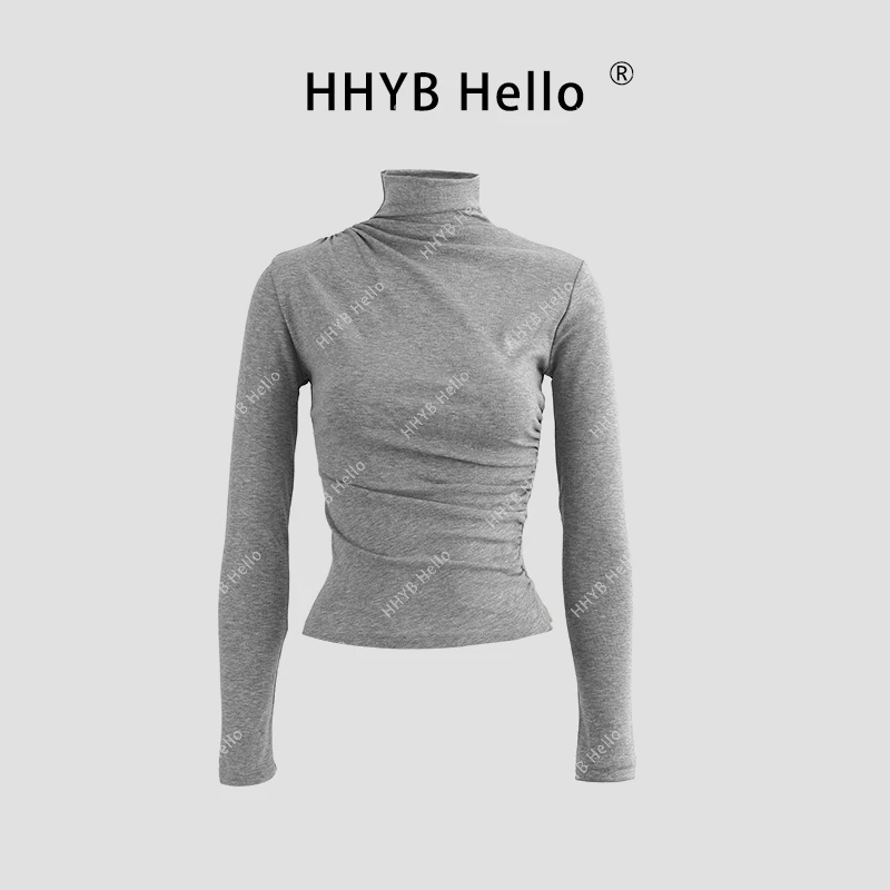 HHYB Hello高领收褶修身显瘦纯色长袖打底衫加绒上衣女240527