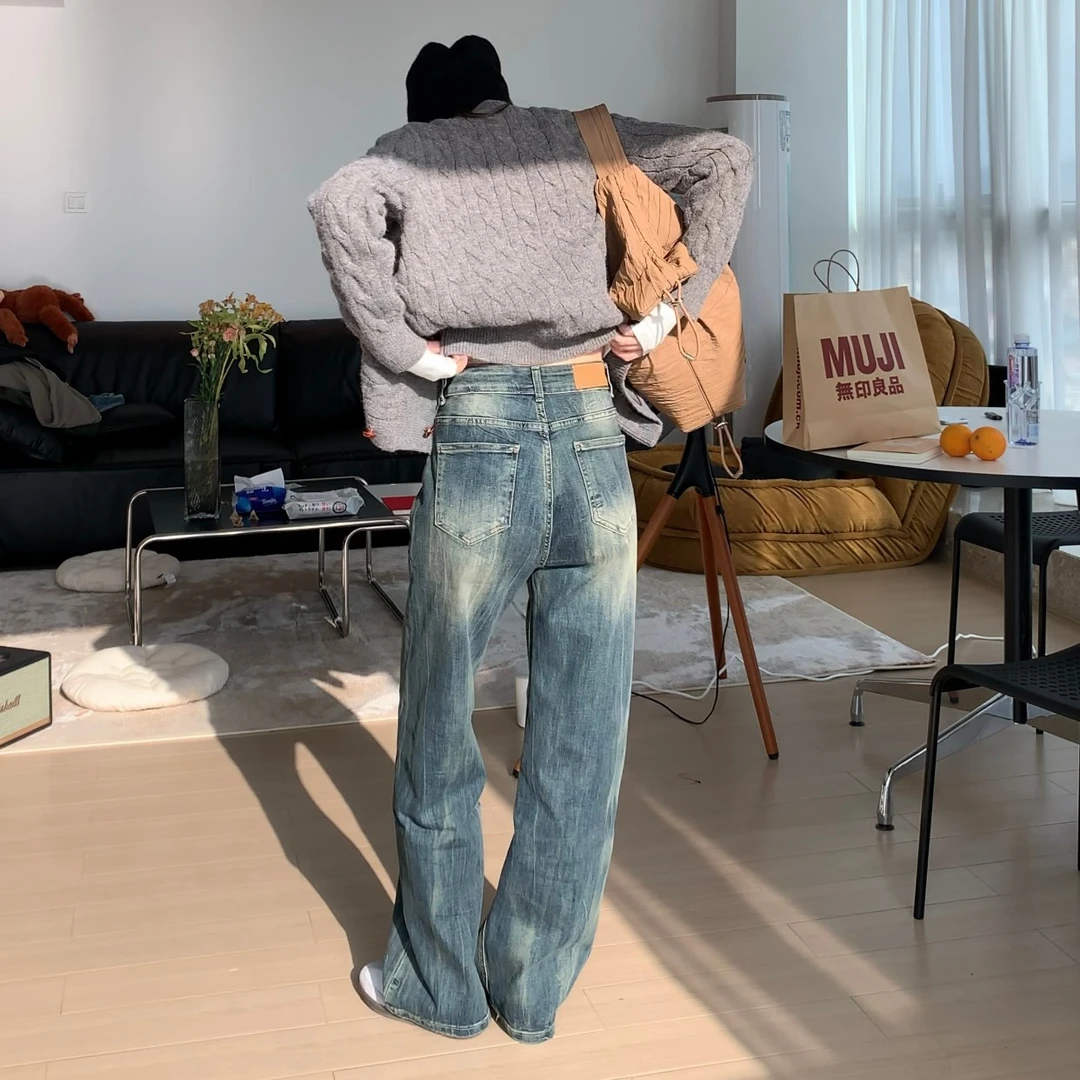 HHYB Hello【售完不补】复古做旧牛仔韩版水洗直筒设计感长裤Q854