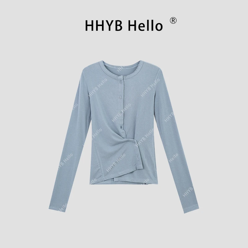 HHYB Hello纽扣可斜扣长袖T恤女2024新款修身显瘦百搭上衣240337