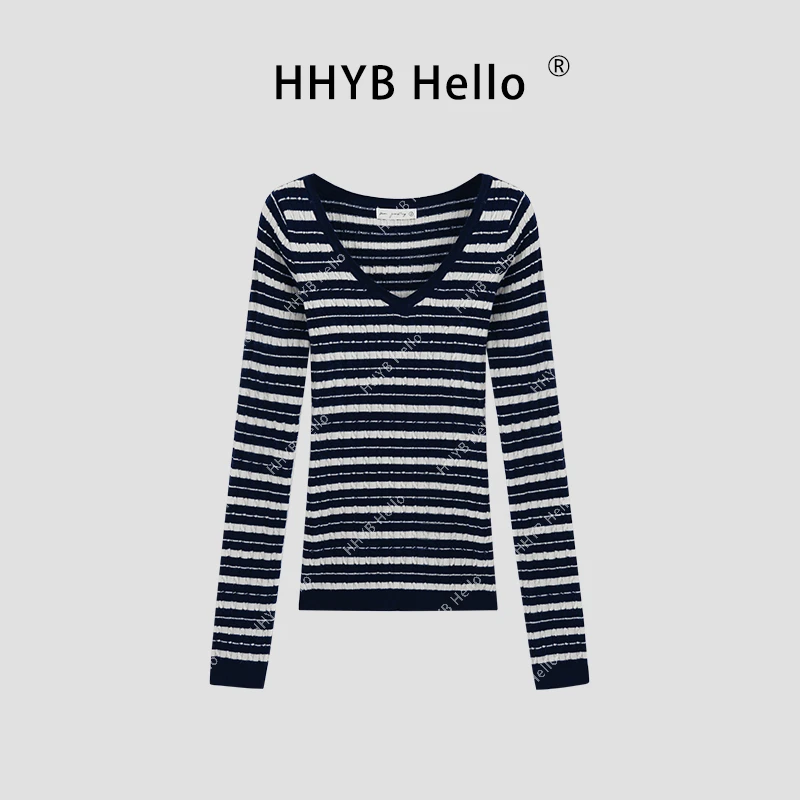 HHYB Hello针织麻花V领条纹长袖上衣女2024新款百搭显瘦上衣M869