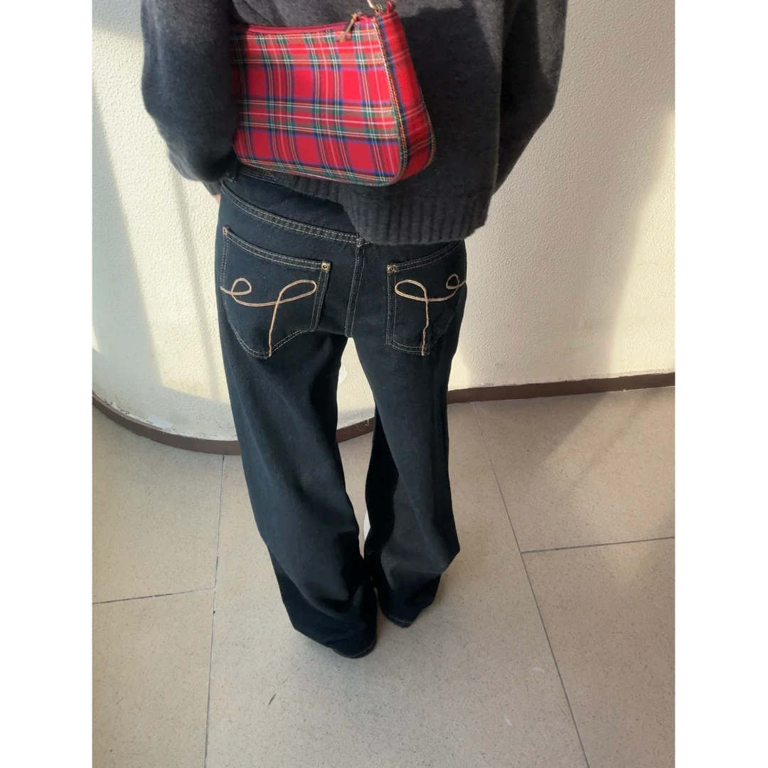 HHYB Hello美式复古原色高腰阔腿显瘦牛仔裤直筒百搭Q244227