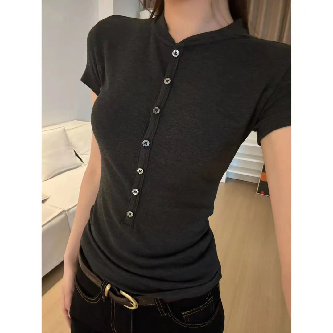 HHYB Hello单排扣短袖T恤女夏季百搭纯色显瘦遮肉辣妹上衣240087