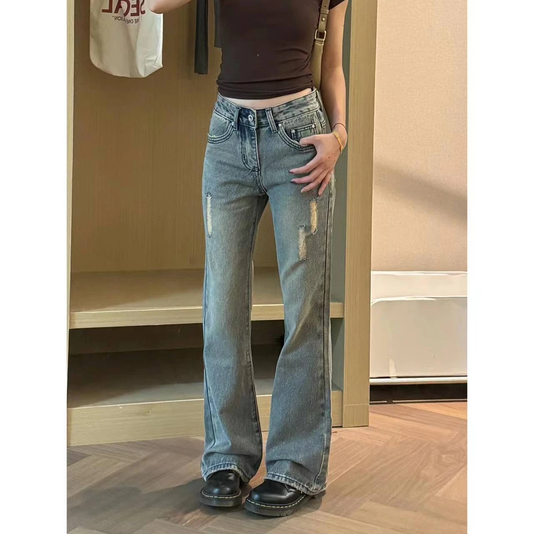 【Q】Q8019 辣妹复古黄泥染水洗磨破做旧显瘦微喇阔腿牛仔裤