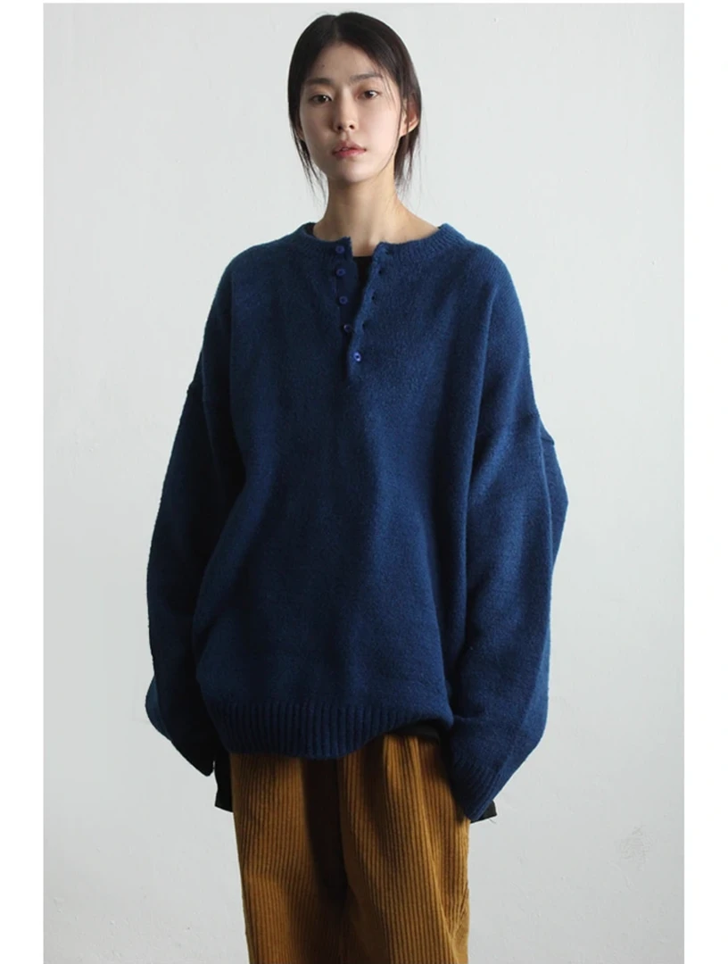 HHYB Hello【售完不补】圆领半开襟长袖针织衫百搭套头上衣女H30022