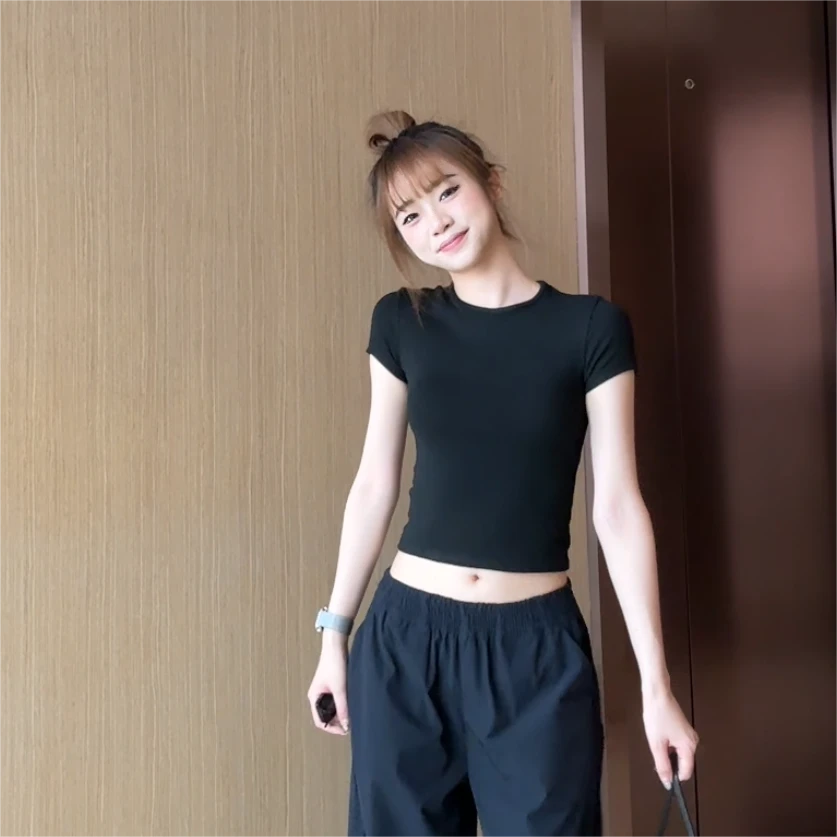 HHYB Hello新款显瘦修身百搭显瘦弹力小圆领修身弹力打底衫8738