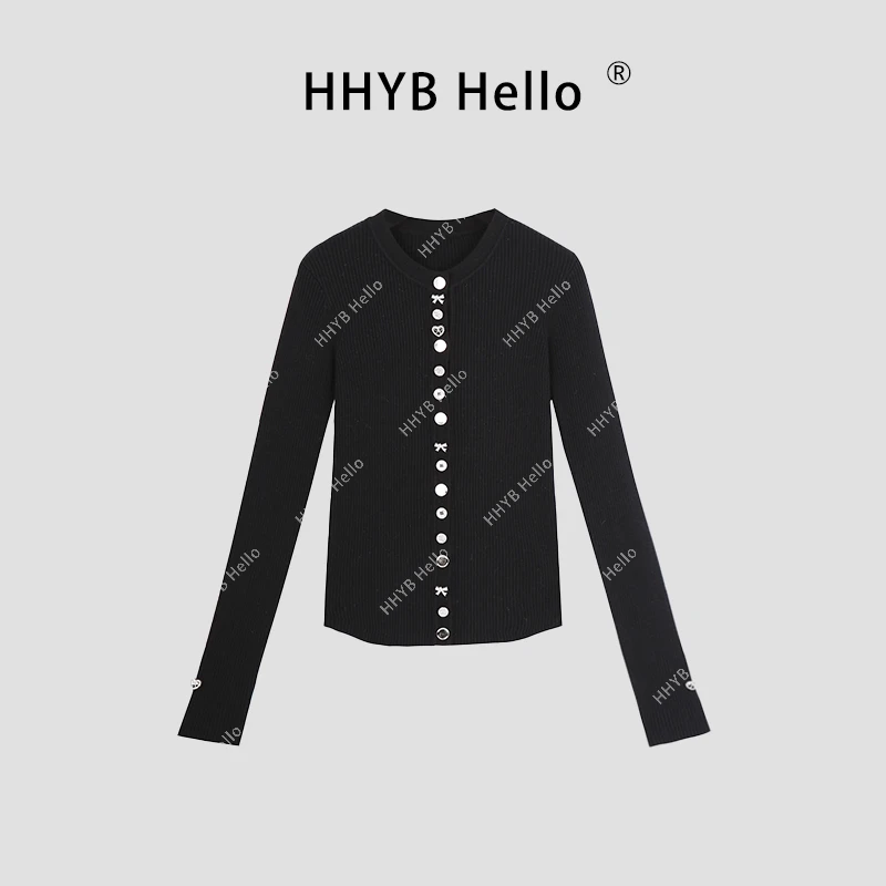 HHYB Hello2024新款重工带钻扣圆领长袖针织开衫修身针织衫H30034