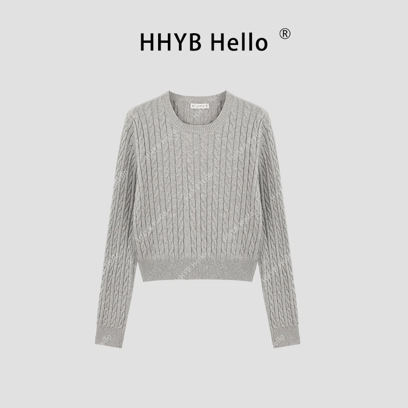 HHYB Hello2024秋季新款麻花针织衫长袖短款收腰圆领套头上衣M590