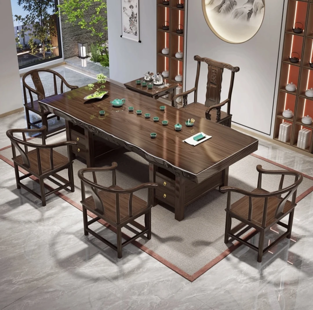 花旗木原切整板原木大板茶桌储物新中式办公室茶台两用茶桌椅组合