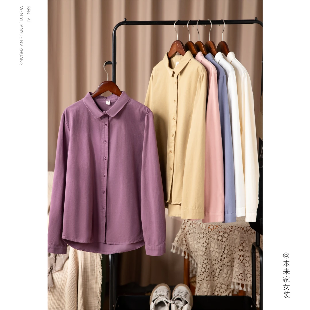 【本利来】文艺休闲纯色翻领厚款衬衫女秋冬新款百搭小个子衬衣5664