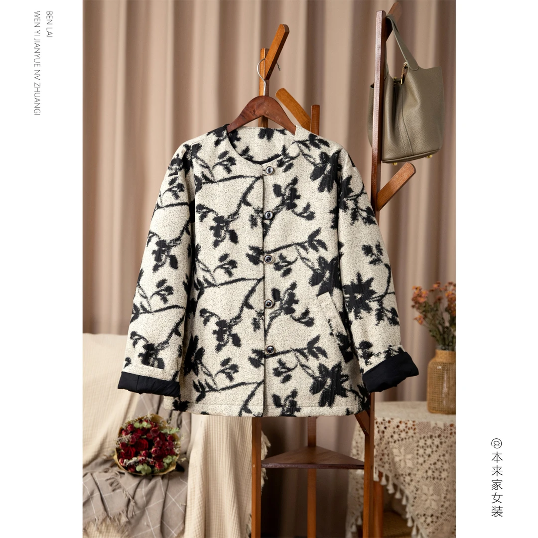 【本利来】文艺复古竹叶夹棉加厚棉服女冬季新款百搭气质厚外套5849