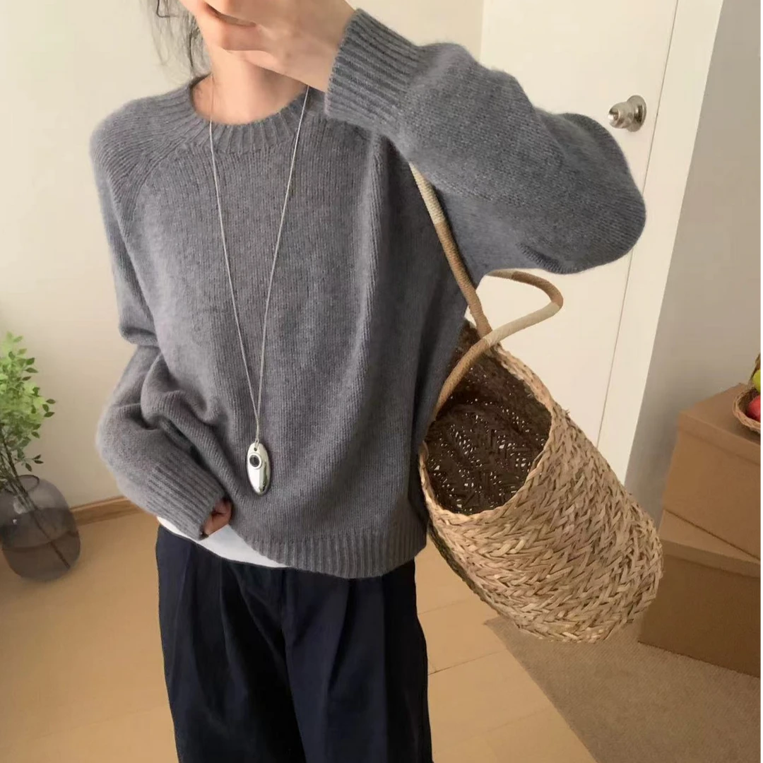 慵懒风纯羊毛针织衫女秋冬加厚宽松外穿圆领毛衣显瘦遮肉针织衫