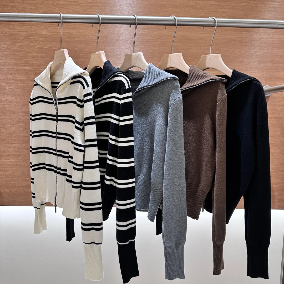 翻领条纹针织开衫女2024秋新款休闲双拉链毛衣外套含羊毛2746