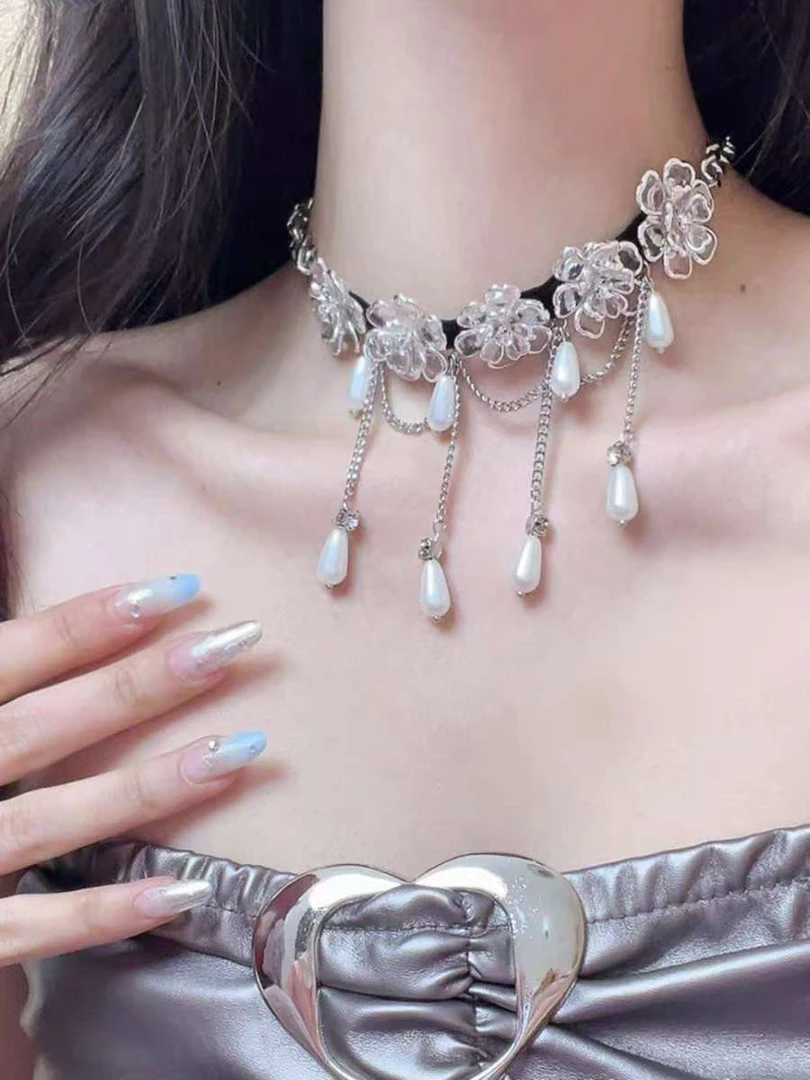 钛钢仿珍珠项链 气质白色时尚百搭编织古风花花珠珠项链418