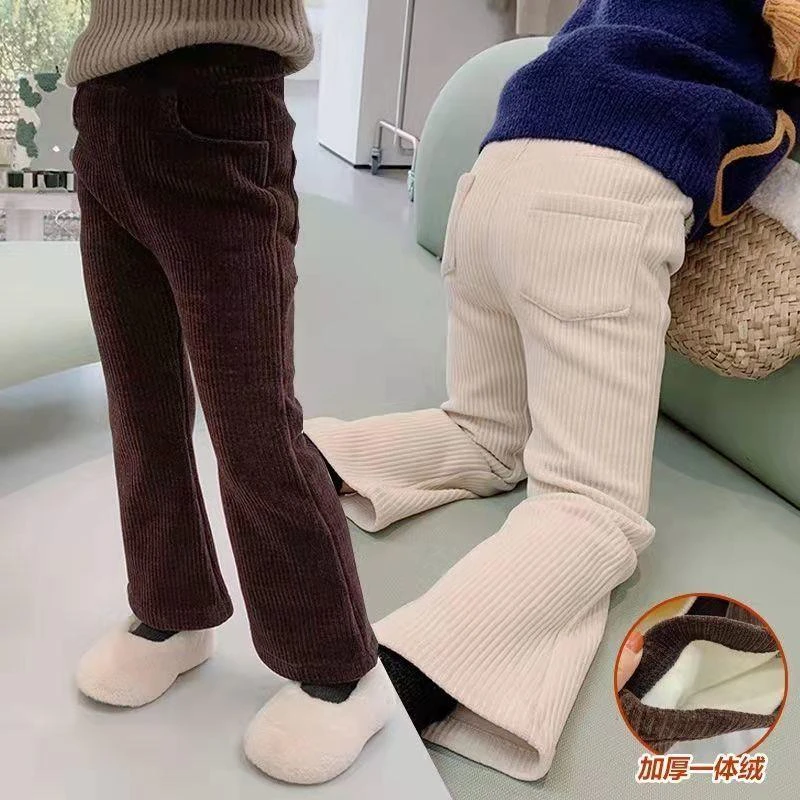 女童裤子秋冬儿童加绒喇叭裤宝宝加厚灯芯绒洋气雪尼尔加绒长裤