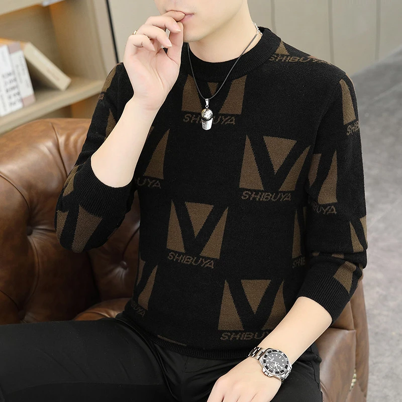 2023秋冬季新款针织毛衣男圆领韩版加厚保暖打底衫男士菱形格上衣