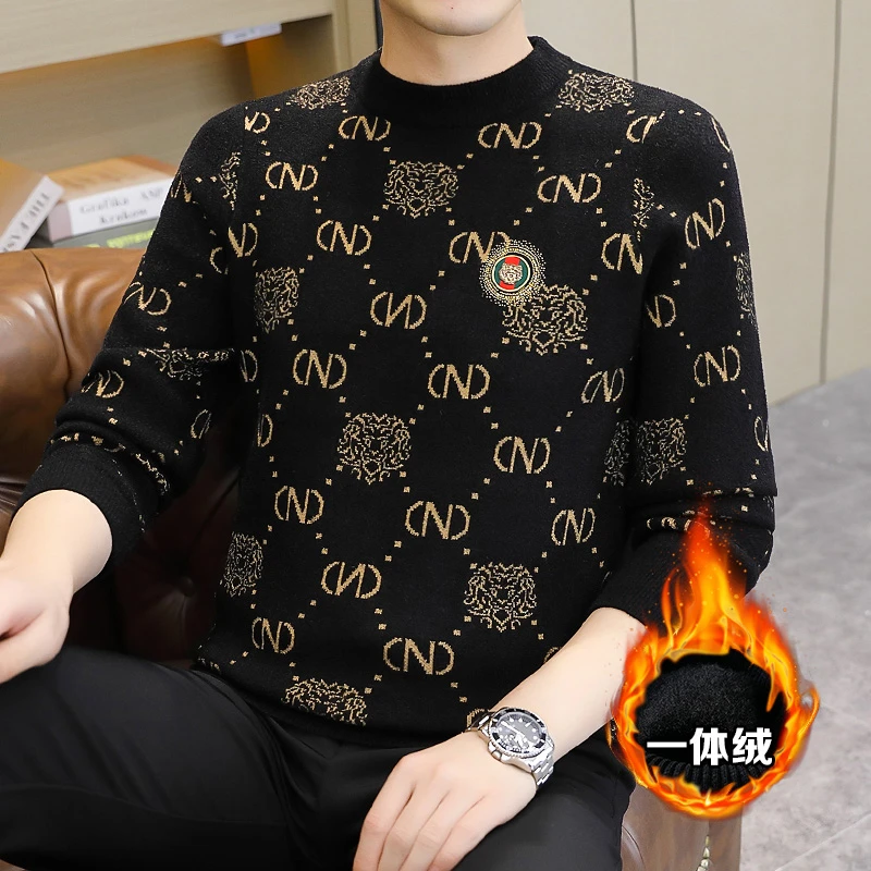 秋冬季男士毛衫提花毛衣打底衫休闲潮流男装时尚加厚圆领韩版保暖