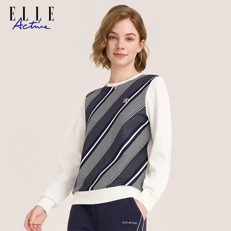 ELLE Active 秋冬季女装新款拼接时尚百搭圆领长袖卫衣女