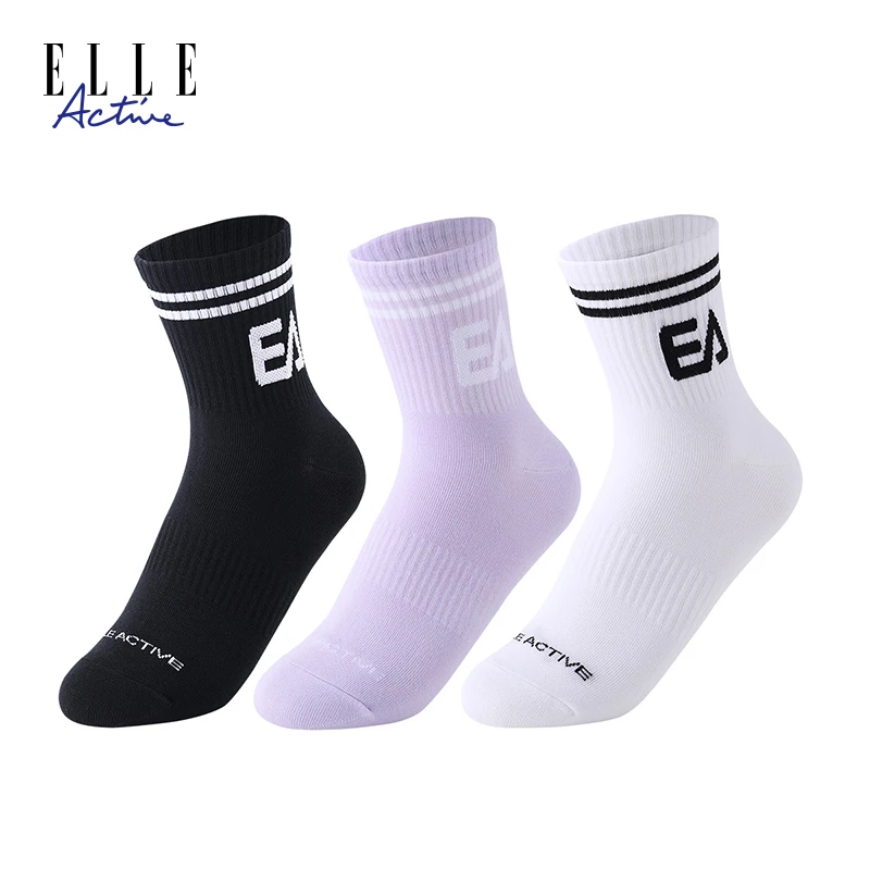 ELLE Active三双装中筒袜潮流女袜运动休闲条纹字母时尚男女袜子