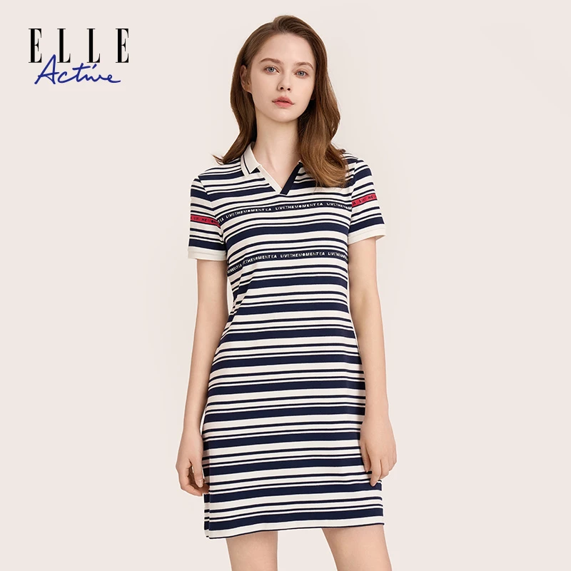 ELLE Active 女装休闲时尚翻领V领短袖条纹连衣裙夏季新款