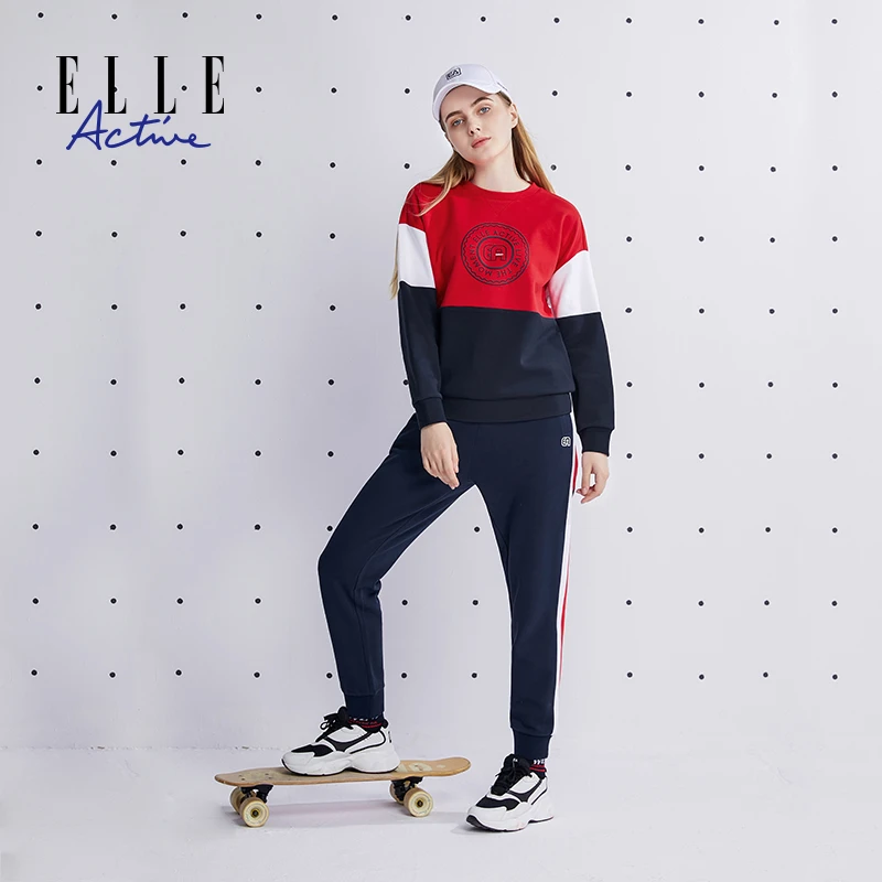 ELLE Active 女装运动休闲圆领长袖新款卫衣新款套装时尚套头撞色