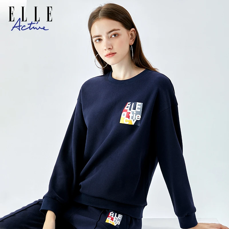 ELLE Active 秋冬新款高级感印花衫上衣休闲圆领长袖女