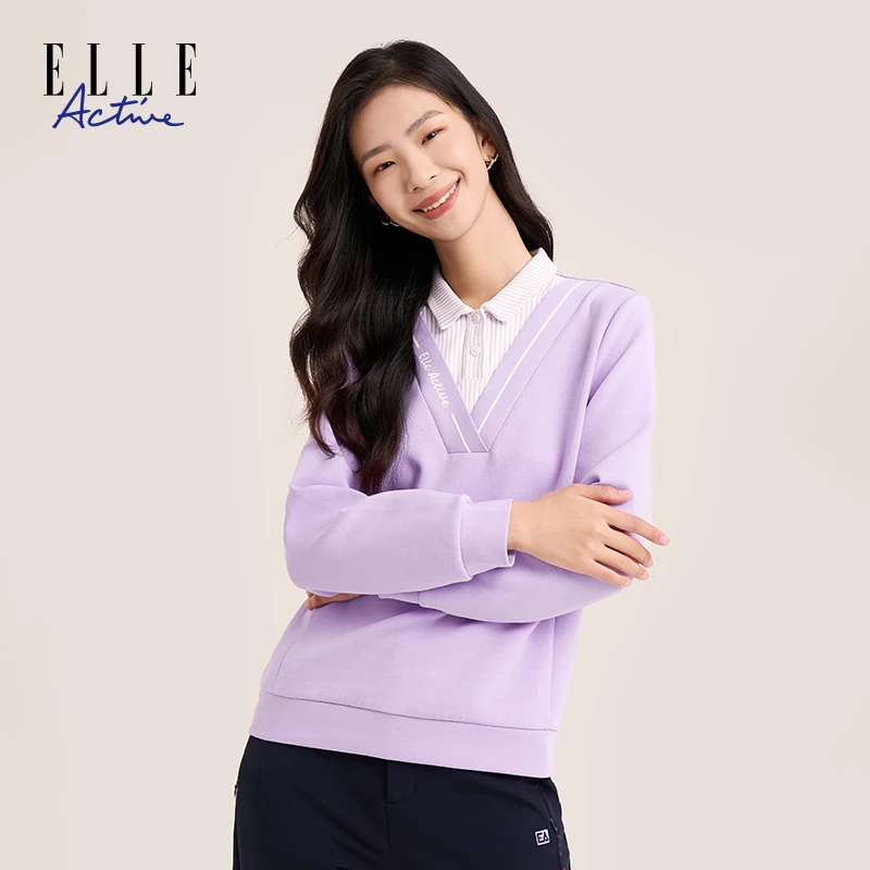 ELLE Active新款秋季休闲V领针织衫女士新款百搭假两件长袖上衣