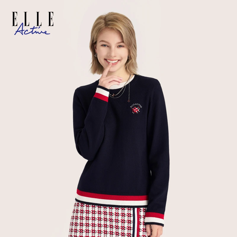 ELLE Active新款针织衫拼色圆领上衣撞色条纹休闲套头打底毛衣女