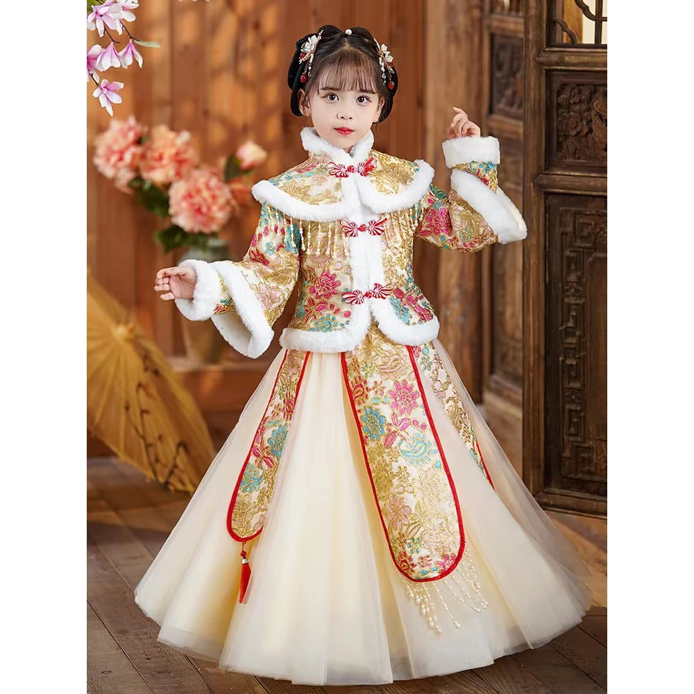 【辞旧迎新】汉服女童冬款2024新款儿童中国风加绒加厚冬装拜年服-k