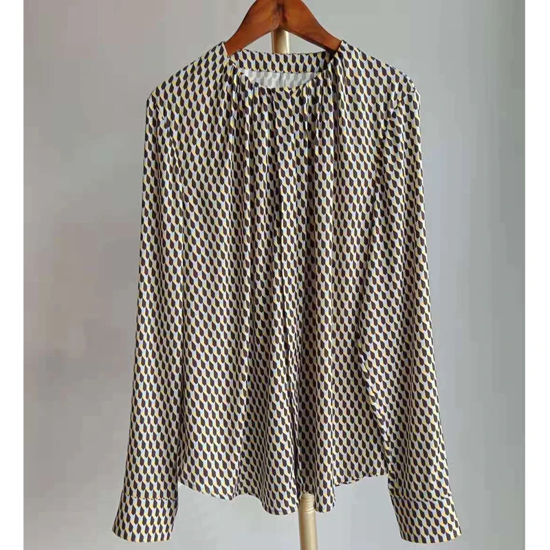 精品特卖 新品经典OL双绉真丝圆领菱形格长袖衬衫女3022