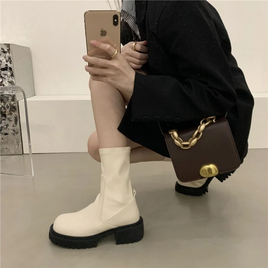 瘦瘦靴厚底马丁靴女2023冬加绒新款中筒切尔西靴百搭法式小短靴潮
